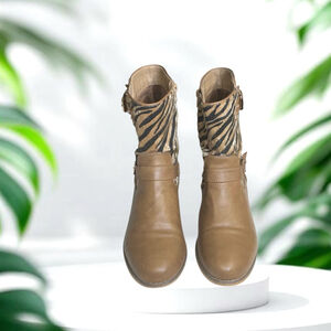 Miim Tan & Black Zebra Hair Look Zip Boots (Hits at Lower Calf) Women 10